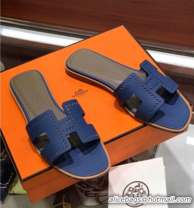 Classic Hot Hermes Santorini Epsom Calfskin Cut-out Classic H Flat Slide Sandals 070514 Blue