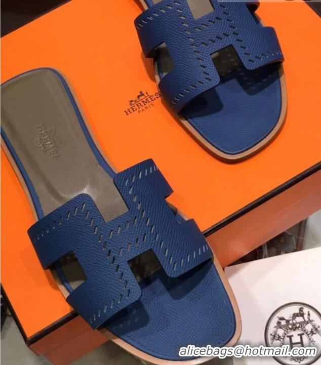 Classic Hot Hermes Santorini Epsom Calfskin Cut-out Classic H Flat Slide Sandals 070514 Blue