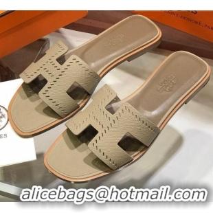 Popular Style Hermes Santorini Epsom Calfskin Cut-out Classic H Flat Slide Sandals 070514 Grey