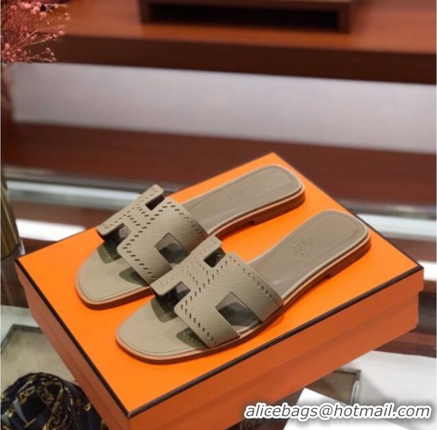 Popular Style Hermes Santorini Epsom Calfskin Cut-out Classic H Flat Slide Sandals 070514 Grey