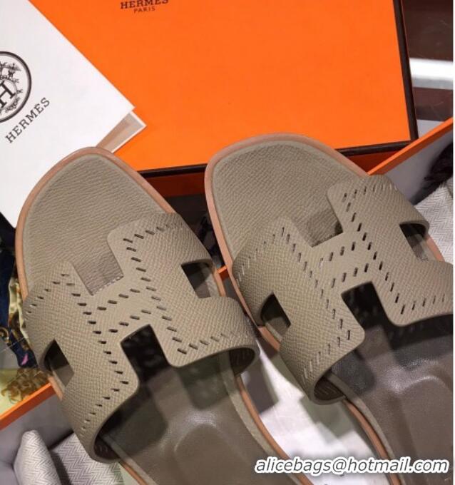 Popular Style Hermes Santorini Epsom Calfskin Cut-out Classic H Flat Slide Sandals 070514 Grey