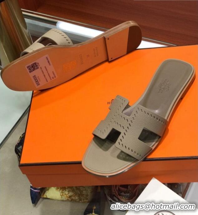 Popular Style Hermes Santorini Epsom Calfskin Cut-out Classic H Flat Slide Sandals 070514 Grey