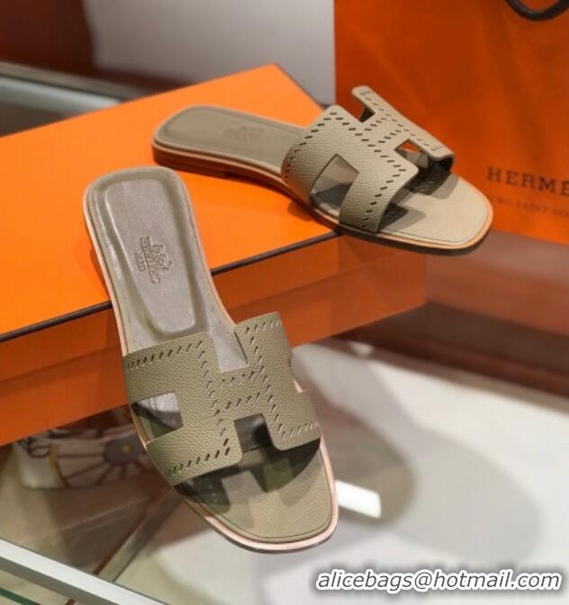 Popular Style Hermes Santorini Epsom Calfskin Cut-out Classic H Flat Slide Sandals 070514 Grey