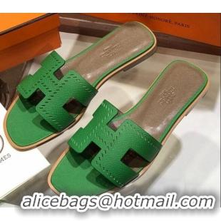 Grade Quality Hermes Santorini Epsom Calfskin Cut-out Classic H Flat Slide Sandals 070514 Green