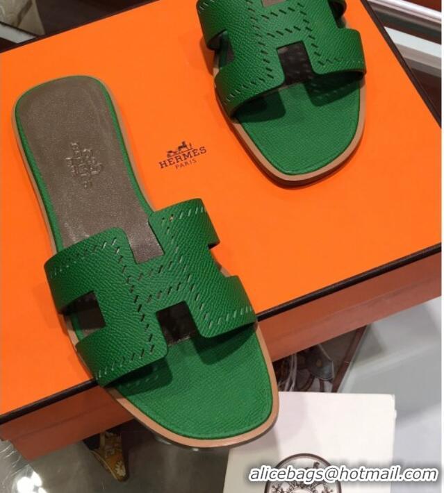 Grade Quality Hermes Santorini Epsom Calfskin Cut-out Classic H Flat Slide Sandals 070514 Green