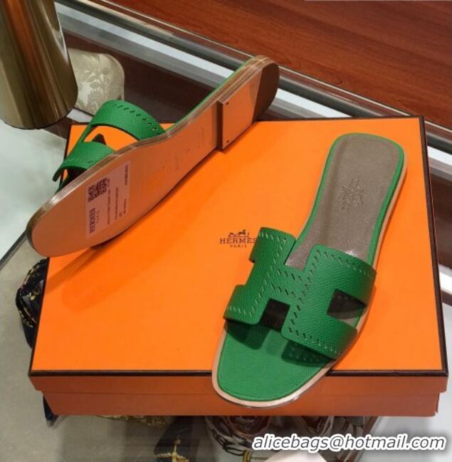 Grade Quality Hermes Santorini Epsom Calfskin Cut-out Classic H Flat Slide Sandals 070514 Green