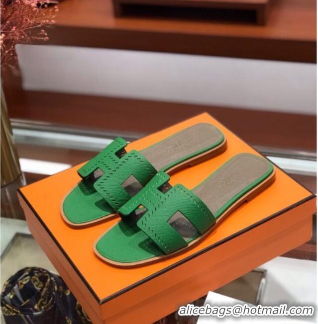 Grade Quality Hermes Santorini Epsom Calfskin Cut-out Classic H Flat Slide Sandals 070514 Green