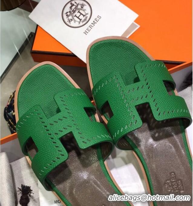 Grade Quality Hermes Santorini Epsom Calfskin Cut-out Classic H Flat Slide Sandals 070514 Green