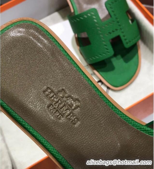 Grade Quality Hermes Santorini Epsom Calfskin Cut-out Classic H Flat Slide Sandals 070514 Green