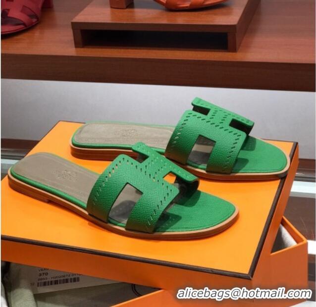 Grade Quality Hermes Santorini Epsom Calfskin Cut-out Classic H Flat Slide Sandals 070514 Green