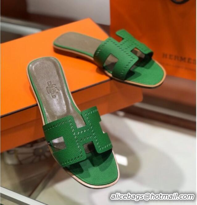 Grade Quality Hermes Santorini Epsom Calfskin Cut-out Classic H Flat Slide Sandals 070514 Green