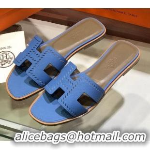 Top Grade Hermes Santorini Epsom Calfskin Cut-out Classic H Flat Slide Sandals 070514 Blue