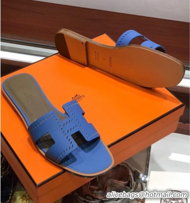 Top Grade Hermes Santorini Epsom Calfskin Cut-out Classic H Flat Slide Sandals 070514 Blue