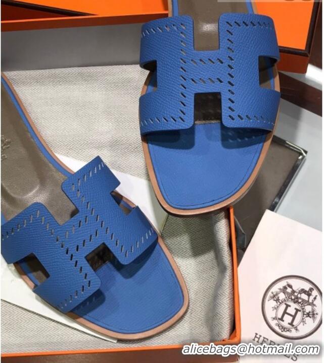 Top Grade Hermes Santorini Epsom Calfskin Cut-out Classic H Flat Slide Sandals 070514 Blue