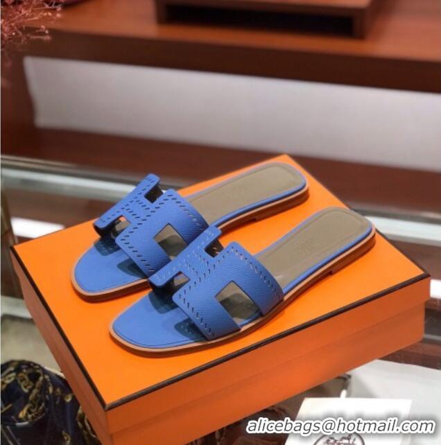 Top Grade Hermes Santorini Epsom Calfskin Cut-out Classic H Flat Slide Sandals 070514 Blue