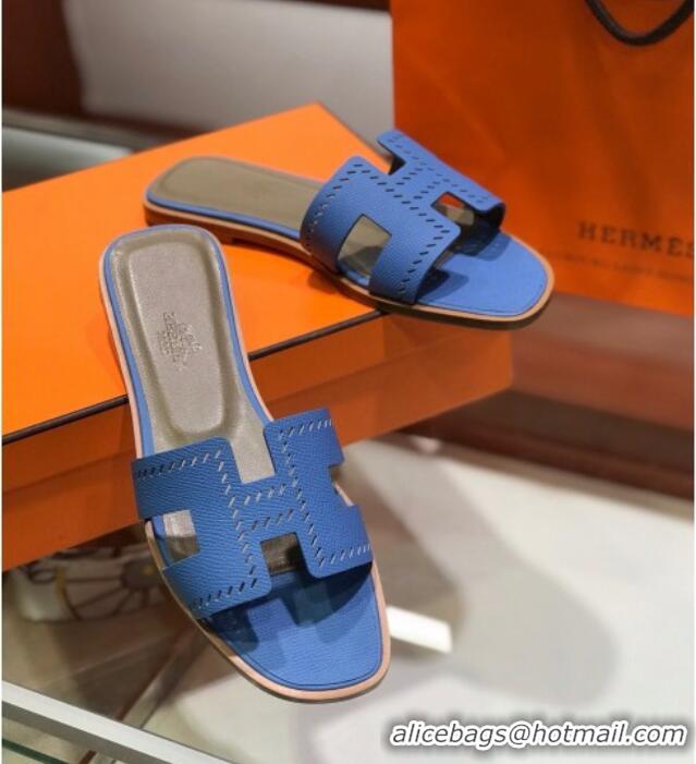 Top Grade Hermes Santorini Epsom Calfskin Cut-out Classic H Flat Slide Sandals 070514 Blue