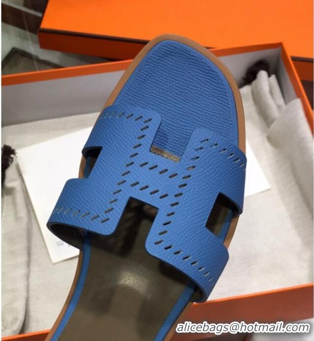 Top Grade Hermes Santorini Epsom Calfskin Cut-out Classic H Flat Slide Sandals 070514 Blue