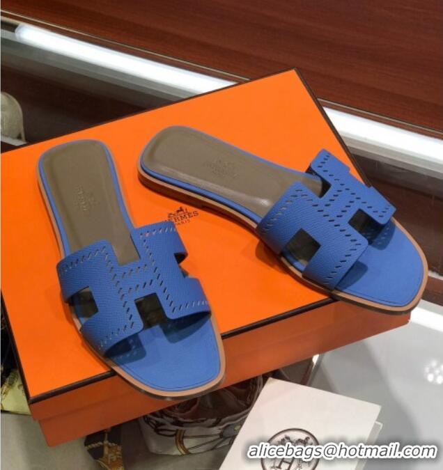 Top Grade Hermes Santorini Epsom Calfskin Cut-out Classic H Flat Slide Sandals 070514 Blue