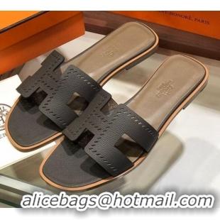 Pretty Style Hermes Santorini Epsom Calfskin Cut-out Classic H Flat Slide Sandals 070514 Dark Grey