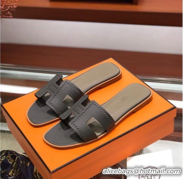 Pretty Style Hermes Santorini Epsom Calfskin Cut-out Classic H Flat Slide Sandals 070514 Dark Grey