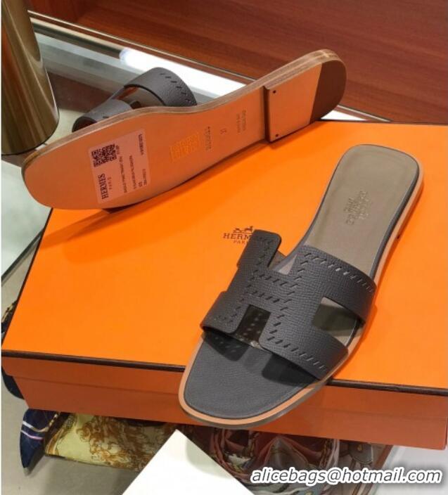 Pretty Style Hermes Santorini Epsom Calfskin Cut-out Classic H Flat Slide Sandals 070514 Dark Grey