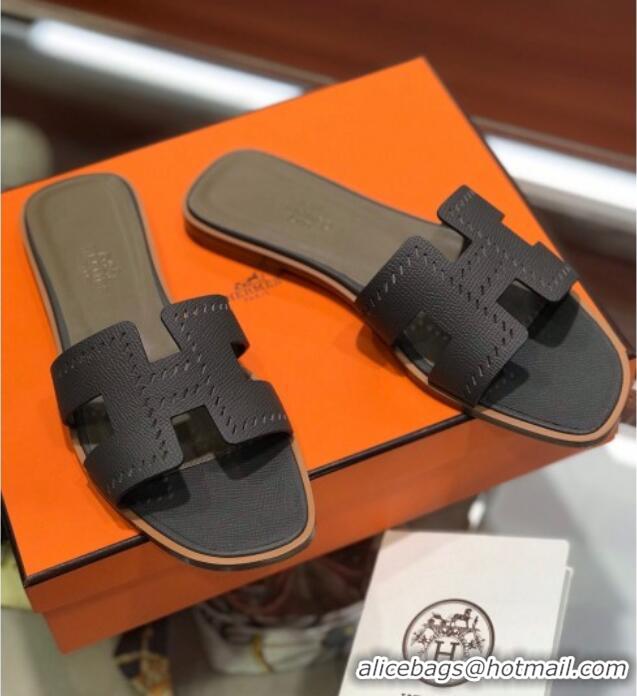 Pretty Style Hermes Santorini Epsom Calfskin Cut-out Classic H Flat Slide Sandals 070514 Dark Grey