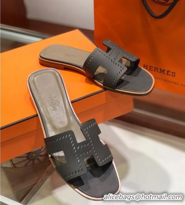 Pretty Style Hermes Santorini Epsom Calfskin Cut-out Classic H Flat Slide Sandals 070514 Dark Grey