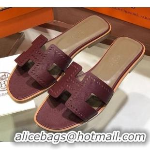 Good Looking Hermes Santorini Epsom Calfskin Cut-out Classic H Flat Slide Sandals 070514 Burgundy