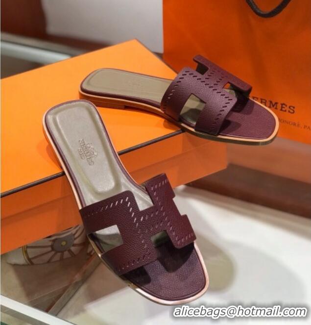 Good Looking Hermes Santorini Epsom Calfskin Cut-out Classic H Flat Slide Sandals 070514 Burgundy