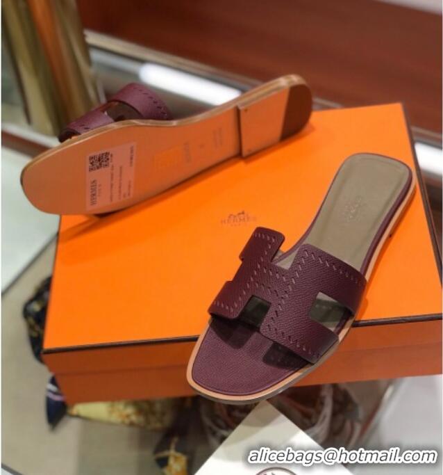 Good Looking Hermes Santorini Epsom Calfskin Cut-out Classic H Flat Slide Sandals 070514 Burgundy