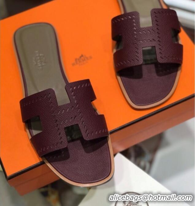 Good Looking Hermes Santorini Epsom Calfskin Cut-out Classic H Flat Slide Sandals 070514 Burgundy