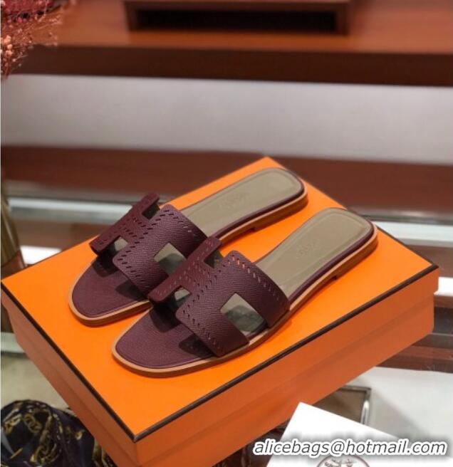 Good Looking Hermes Santorini Epsom Calfskin Cut-out Classic H Flat Slide Sandals 070514 Burgundy