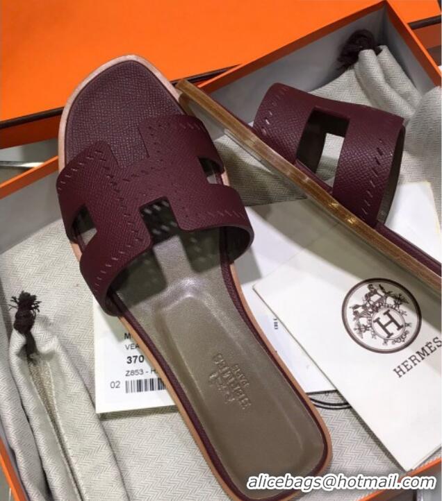 Good Looking Hermes Santorini Epsom Calfskin Cut-out Classic H Flat Slide Sandals 070514 Burgundy