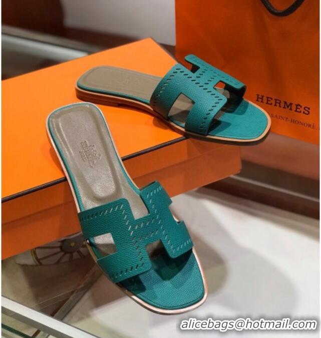 Durable Hermes Santorini Epsom Calfskin Cut-out Classic H Flat Slide Sandals 070514 Green