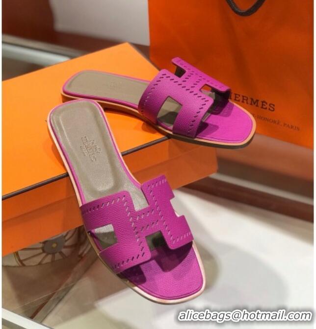 Good Quality Hermes Santorini Epsom Calfskin Cut-out Classic H Flat Slide Sandals 070514 Purple