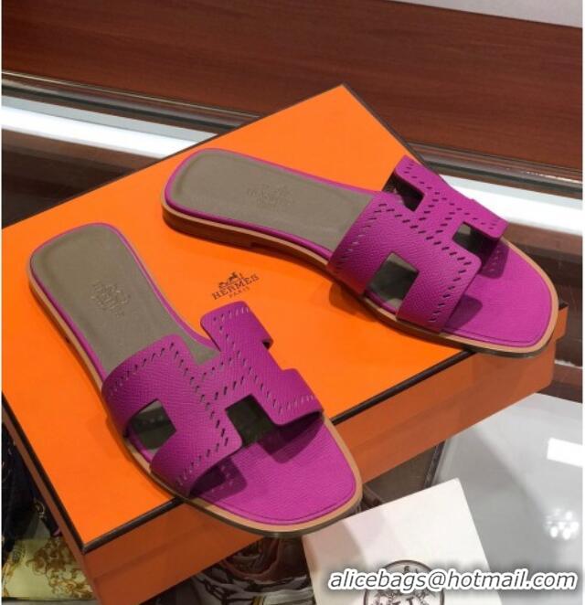 Good Quality Hermes Santorini Epsom Calfskin Cut-out Classic H Flat Slide Sandals 070514 Purple