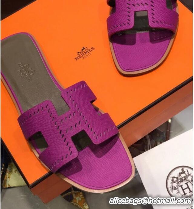 Good Quality Hermes Santorini Epsom Calfskin Cut-out Classic H Flat Slide Sandals 070514 Purple