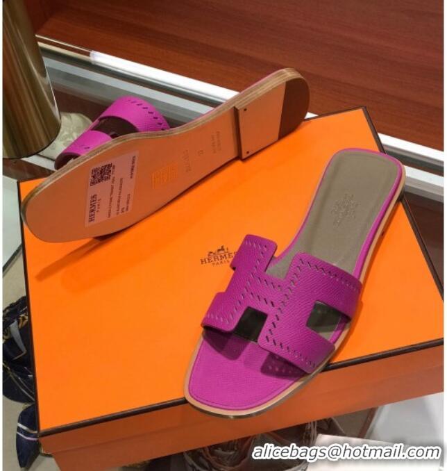 Good Quality Hermes Santorini Epsom Calfskin Cut-out Classic H Flat Slide Sandals 070514 Purple