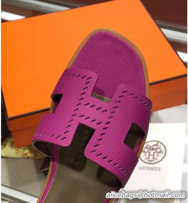 Good Quality Hermes Santorini Epsom Calfskin Cut-out Classic H Flat Slide Sandals 070514 Purple