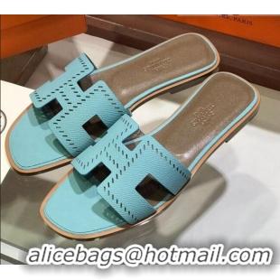 Lowest Price Hermes Santorini Epsom Calfskin Cut-out Classic H Flat Slide Sandals 070514 Blue