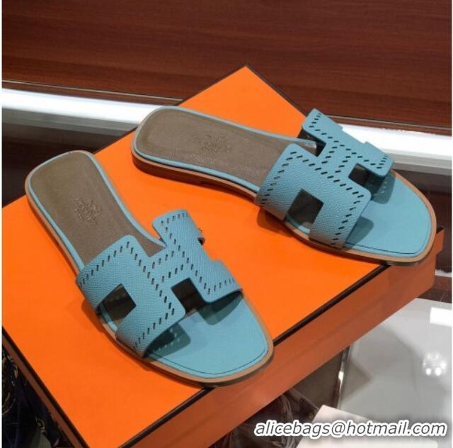 Lowest Price Hermes Santorini Epsom Calfskin Cut-out Classic H Flat Slide Sandals 070514 Blue