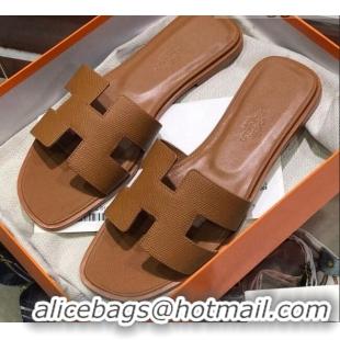 Cute Hermes Santorini Epsom Calfskin Classic H Flat Slide Sandals 070533 Brown