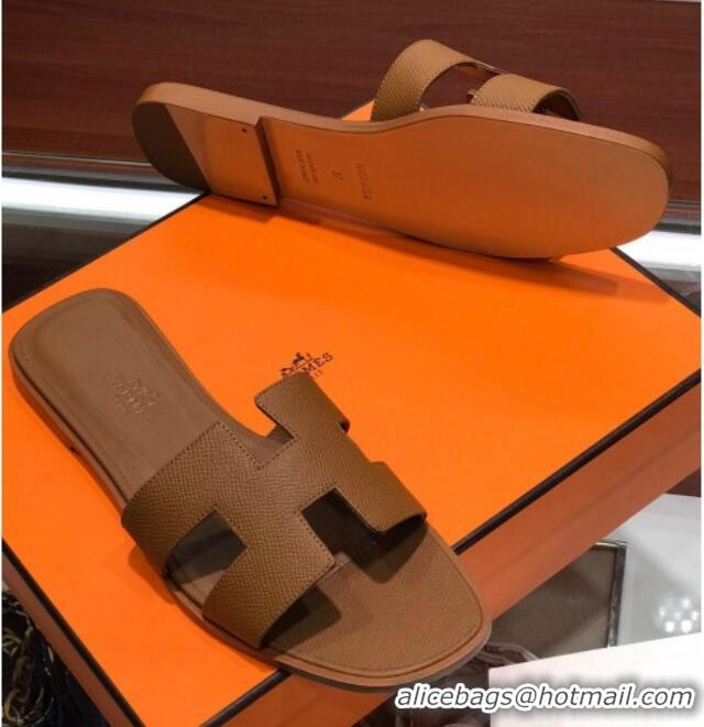 Cute Hermes Santorini Epsom Calfskin Classic H Flat Slide Sandals 070533 Brown