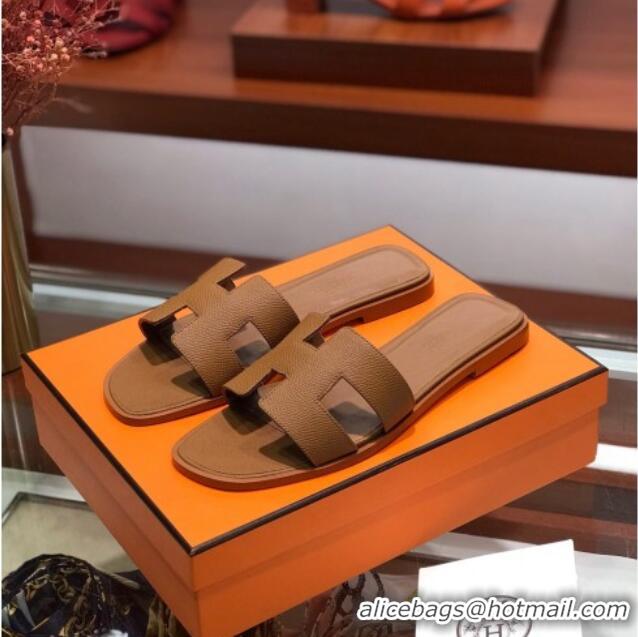 Cute Hermes Santorini Epsom Calfskin Classic H Flat Slide Sandals 070533 Brown