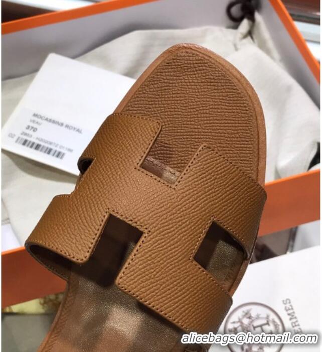 Cute Hermes Santorini Epsom Calfskin Classic H Flat Slide Sandals 070533 Brown