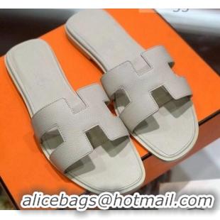 Top Quality Hermes Santorini Epsom Calfskin Classic H Flat Slide Sandals 070534 White