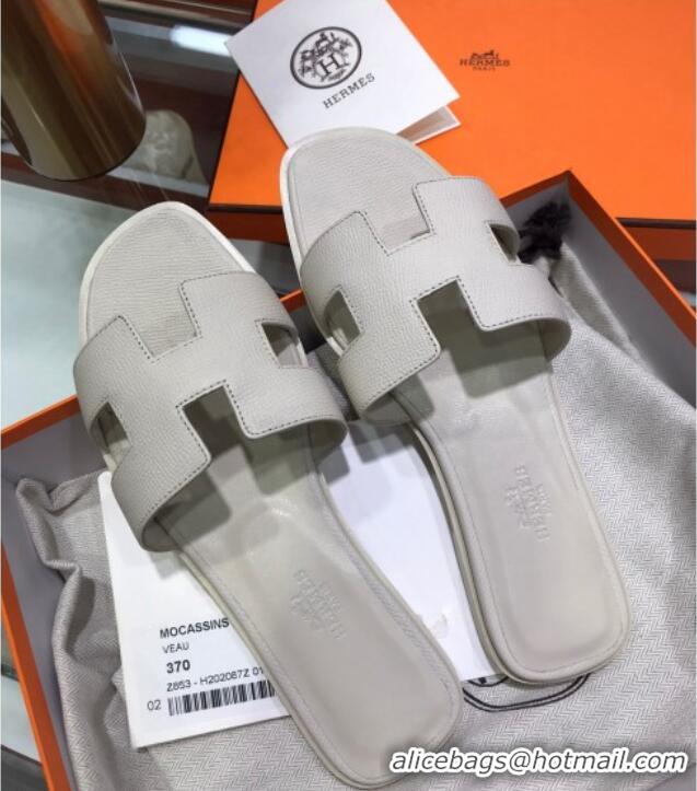 Top Quality Hermes Santorini Epsom Calfskin Classic H Flat Slide Sandals 070534 White