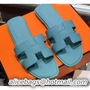 Best Design Hermes Santorini Epsom Calfskin Classic H Flat Slide Sandals 070534 Blue