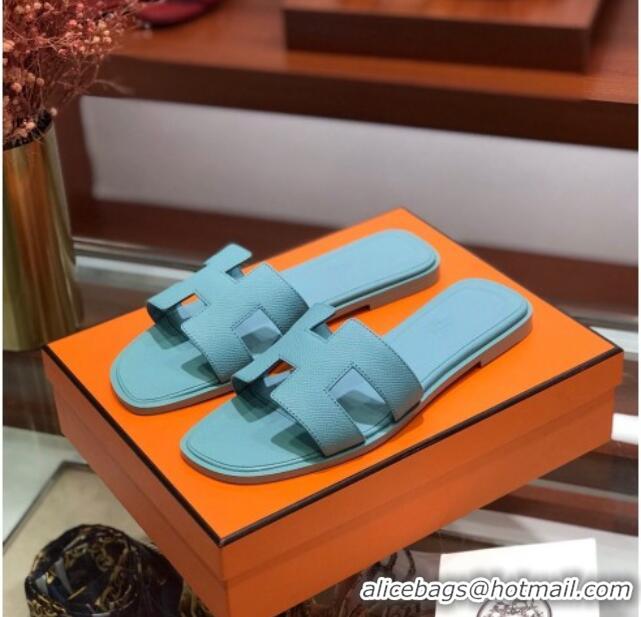 Best Design Hermes Santorini Epsom Calfskin Classic H Flat Slide Sandals 070534 Blue