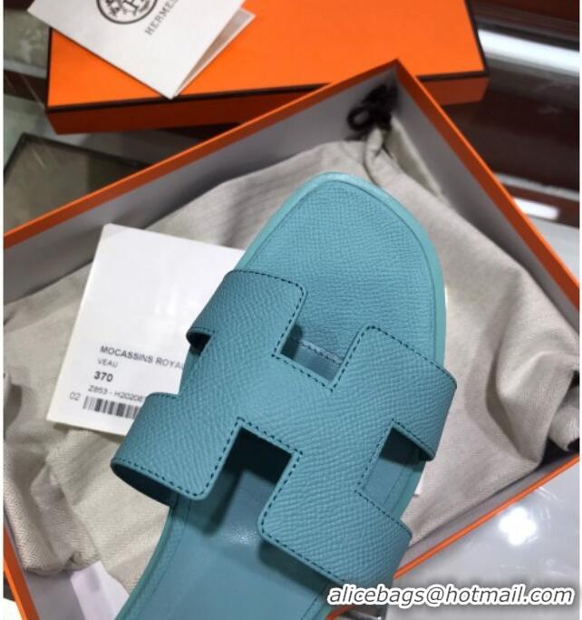 Best Design Hermes Santorini Epsom Calfskin Classic H Flat Slide Sandals 070534 Blue